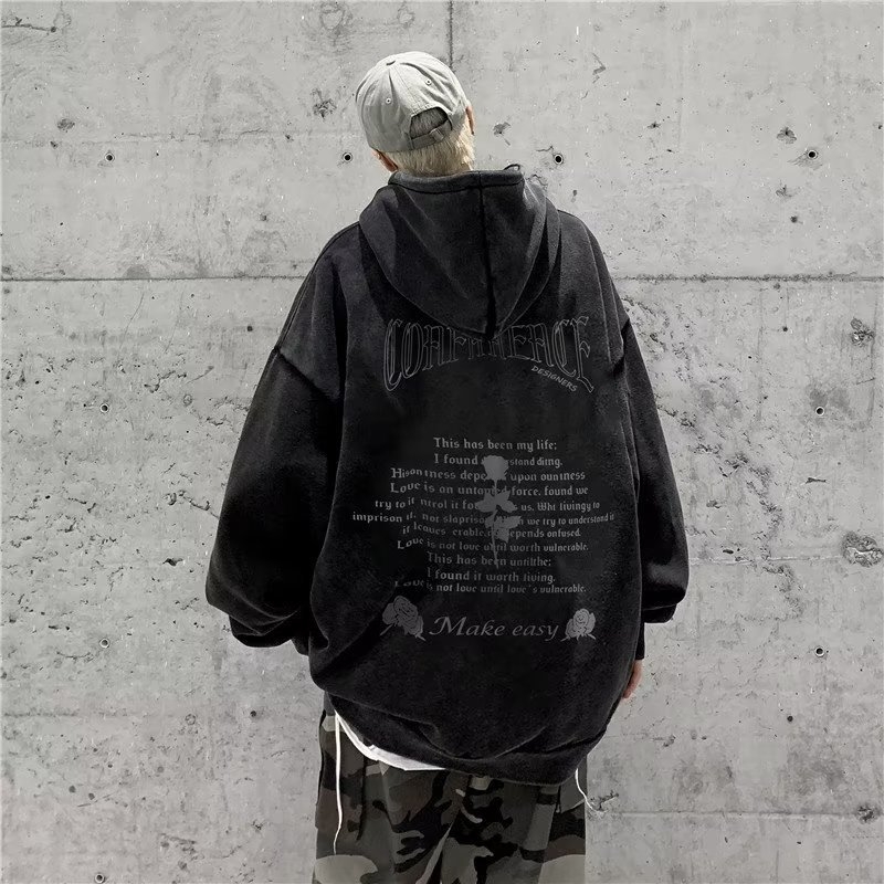 Muški hoodie s kapuljom, 96% pamuk, labav kroj, teško opran i izlizani završetak, jesen.