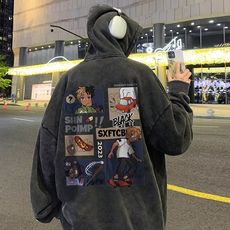 Muški hoodie s kapuljom, 96% pamuk, labav kroj, teško opran i izlizani završetak, jesen.