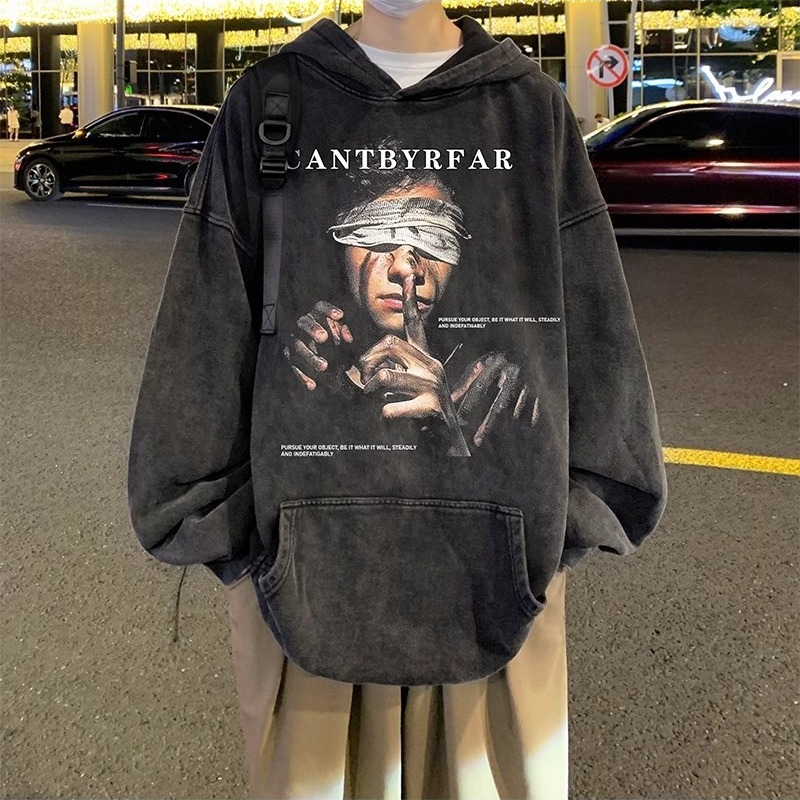 Muški hoodie s kapuljom, 96% pamuk, labav kroj, teško opran i izlizani završetak, jesen.