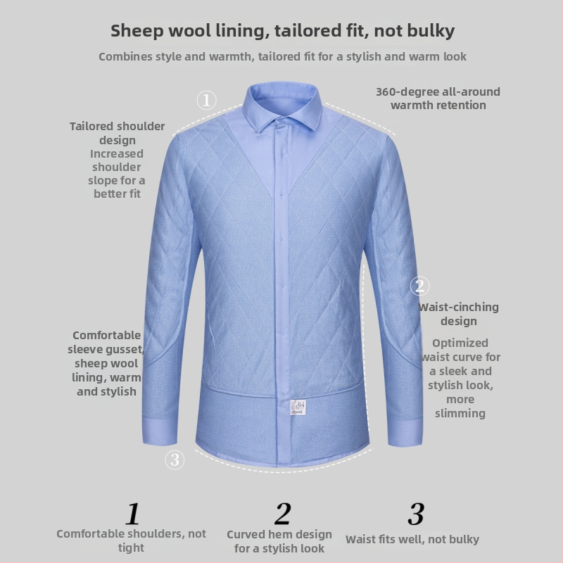 Košulja s vunenom podstavom; vanjska tkanina 100% pamuk; punjenje 30% vuna; obrađena tekućim amonijakom bez glađenja; debela, prugasta, kvadratni ovratnik, dugi rukav