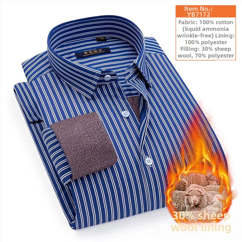 Košulja s vunenom podstavom; vanjska tkanina 100% pamuk; punjenje 30% vuna; obrađena tekućim amonijakom bez glađenja; debela, prugasta, kvadratni ovratnik, dugi rukav