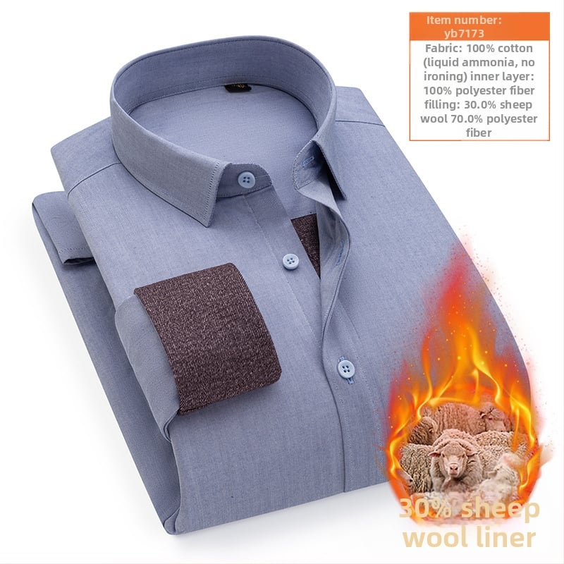 Košulja s vunenom podstavom; vanjska tkanina 100% pamuk; punjenje 30% vuna; obrađena tekućim amonijakom bez glađenja; debela, prugasta, kvadratni ovratnik, dugi rukav