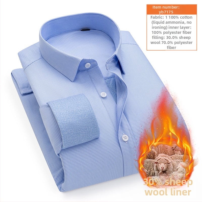 Košulja s vunenom podstavom; vanjska tkanina 100% pamuk; punjenje 30% vuna; obrađena tekućim amonijakom bez glađenja; debela, prugasta, kvadratni ovratnik, dugi rukav