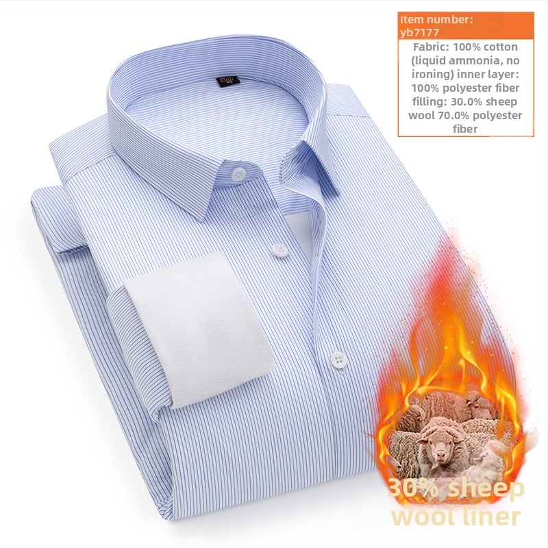 Košulja s vunenom podstavom; vanjska tkanina 100% pamuk; punjenje 30% vuna; obrađena tekućim amonijakom bez glađenja; debela, prugasta, kvadratni ovratnik, dugi rukav