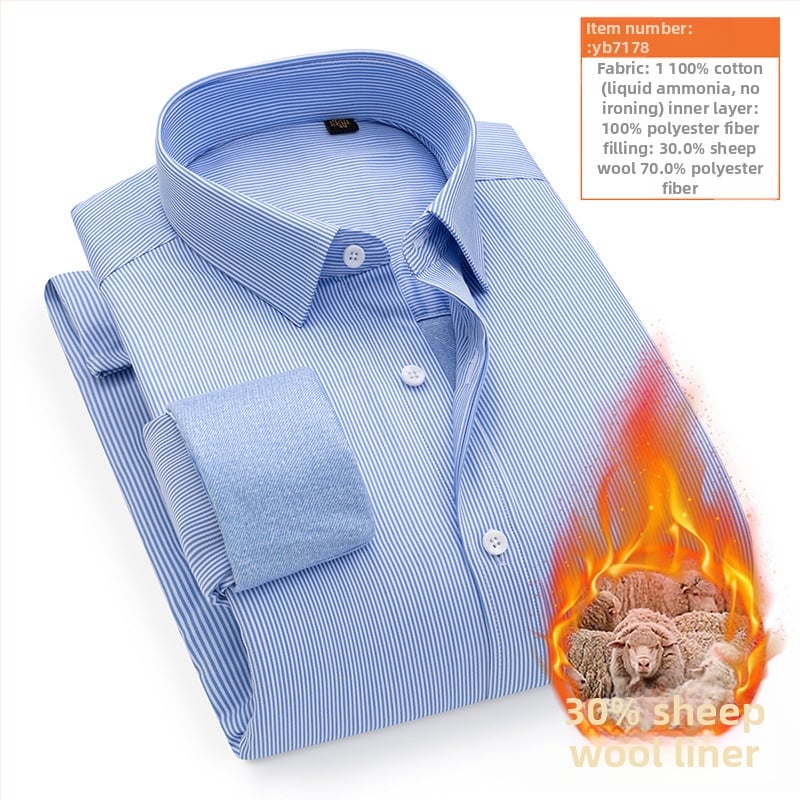 Košulja s vunenom podstavom; vanjska tkanina 100% pamuk; punjenje 30% vuna; obrađena tekućim amonijakom bez glađenja; debela, prugasta, kvadratni ovratnik, dugi rukav
