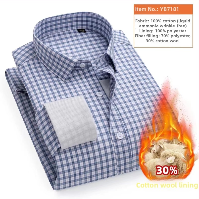 Košulja s vunenom podstavom; vanjska tkanina 100% pamuk; punjenje 30% vuna; obrađena tekućim amonijakom bez glađenja; debela, prugasta, kvadratni ovratnik, dugi rukav