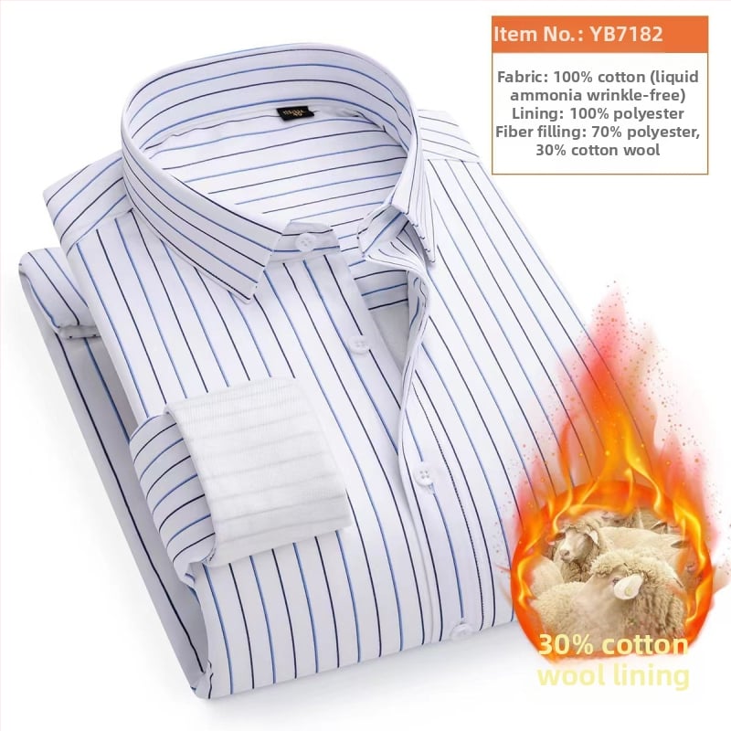 Košulja s vunenom podstavom; vanjska tkanina 100% pamuk; punjenje 30% vuna; obrađena tekućim amonijakom bez glađenja; debela, prugasta, kvadratni ovratnik, dugi rukav