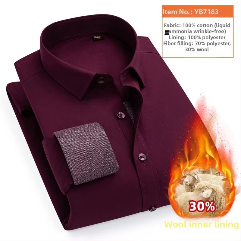 Košulja s vunenom podstavom; vanjska tkanina 100% pamuk; punjenje 30% vuna; obrađena tekućim amonijakom bez glađenja; debela, prugasta, kvadratni ovratnik, dugi rukav