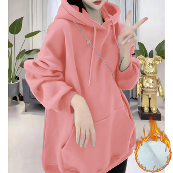 Női pamut pulóver fleece béleléssel, 95%+ pamut, kapucni, hosszú ujjú, laza szabás