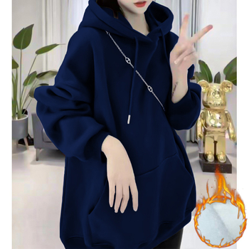 Női pamut pulóver fleece béleléssel, 95%+ pamut, kapucni, hosszú ujjú, laza szabás