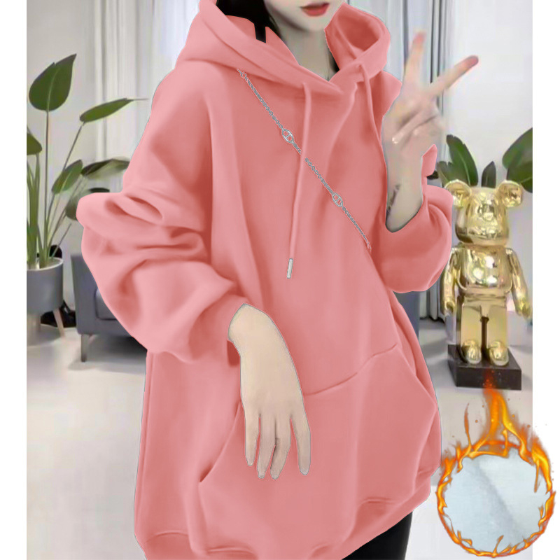 Női pamut pulóver fleece béleléssel, 95%+ pamut, kapucni, hosszú ujjú, laza szabás