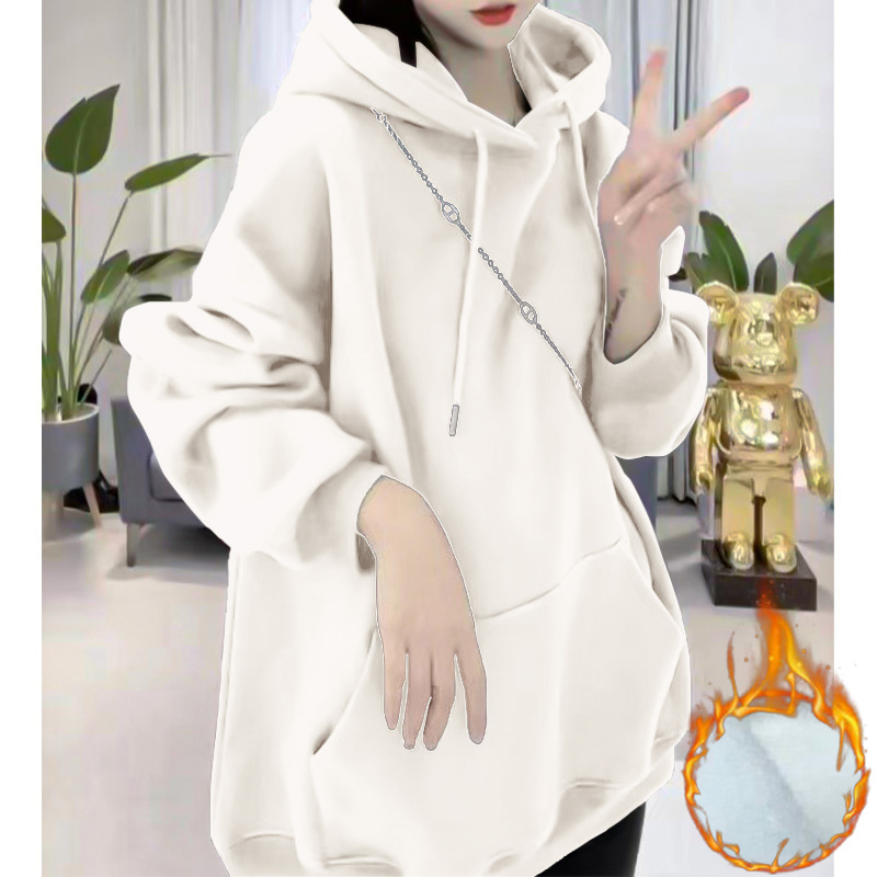 Női pamut pulóver fleece béleléssel, 95%+ pamut, kapucni, hosszú ujjú, laza szabás