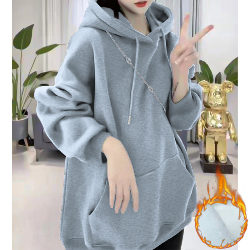 Női pamut pulóver fleece béleléssel, 95%+ pamut, kapucni, hosszú ujjú, laza szabás