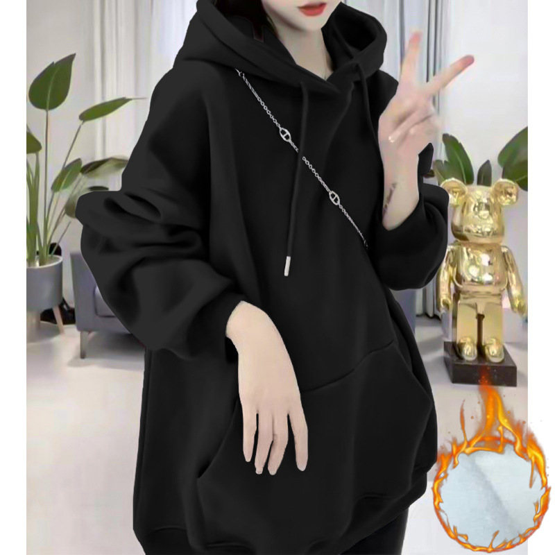 Női pamut pulóver fleece béleléssel, 95%+ pamut, kapucni, hosszú ujjú, laza szabás