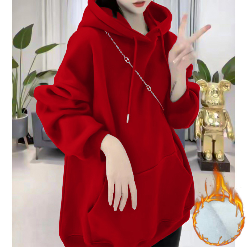 Női pamut pulóver fleece béleléssel, 95%+ pamut, kapucni, hosszú ujjú, laza szabás