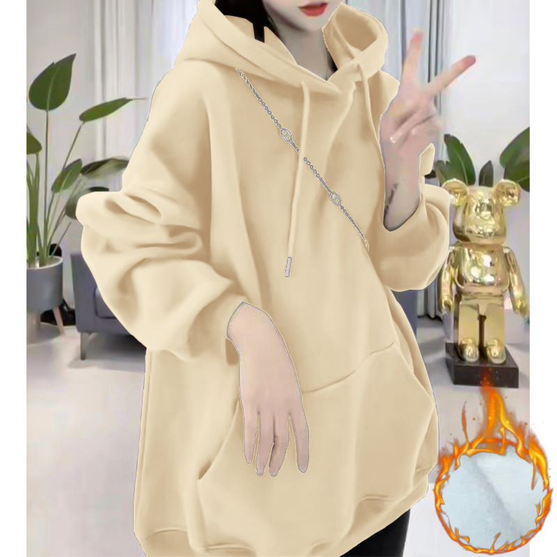 Női pamut pulóver fleece béleléssel, 95%+ pamut, kapucni, hosszú ujjú, laza szabás