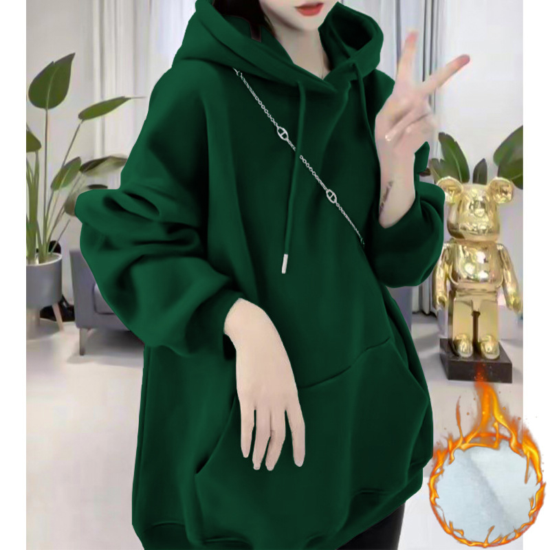 Női pamut pulóver fleece béleléssel, 95%+ pamut, kapucni, hosszú ujjú, laza szabás