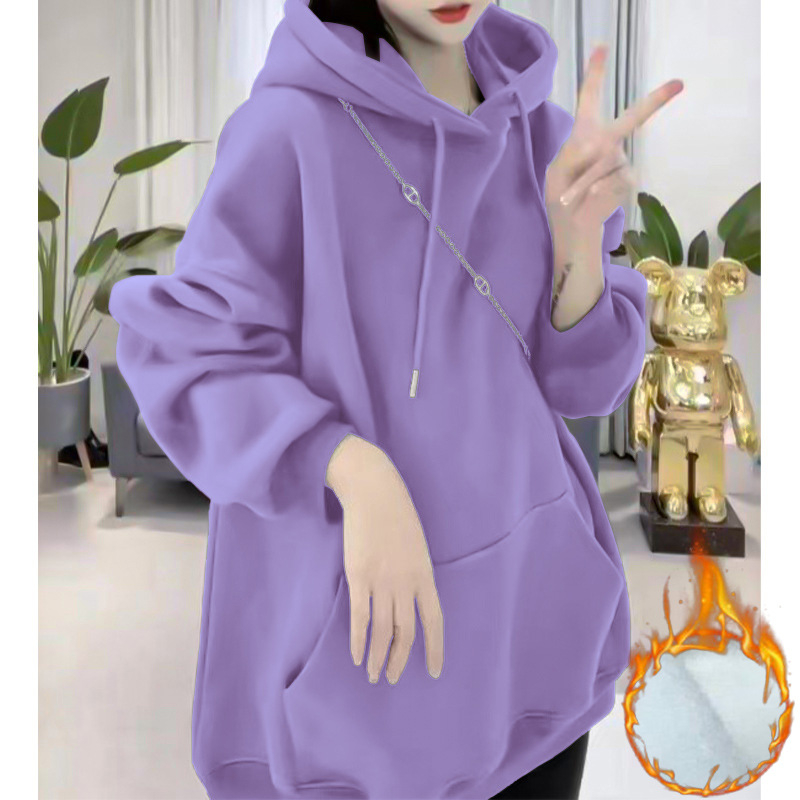 Női pamut pulóver fleece béleléssel, 95%+ pamut, kapucni, hosszú ujjú, laza szabás