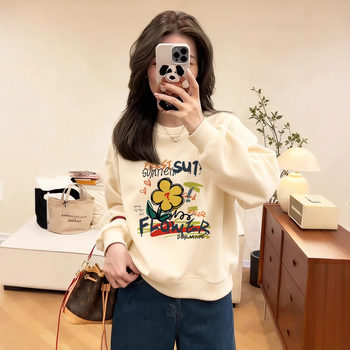 Női kapucnis pulóver kerek nyakkal, hosszú ujjú, szöveges nyomtatás, őszi 2025, európai elegáns ingázó stílus