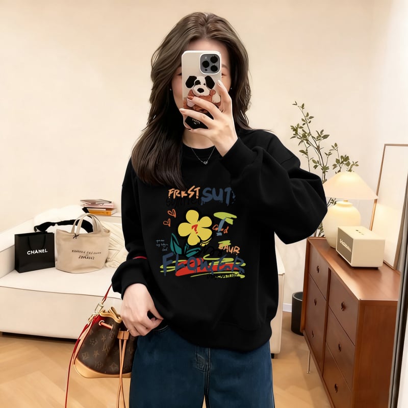 Női kapucnis pulóver kerek nyakkal, hosszú ujjú, szöveges nyomtatás, őszi 2025, európai elegáns ingázó stílus