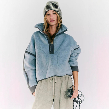 Ženski fleece pulover s kontrastnim blokovima boja, stojeći ovratnik, djelomični zip, dugi rukavi, slobodan kroj (jesen-zima)