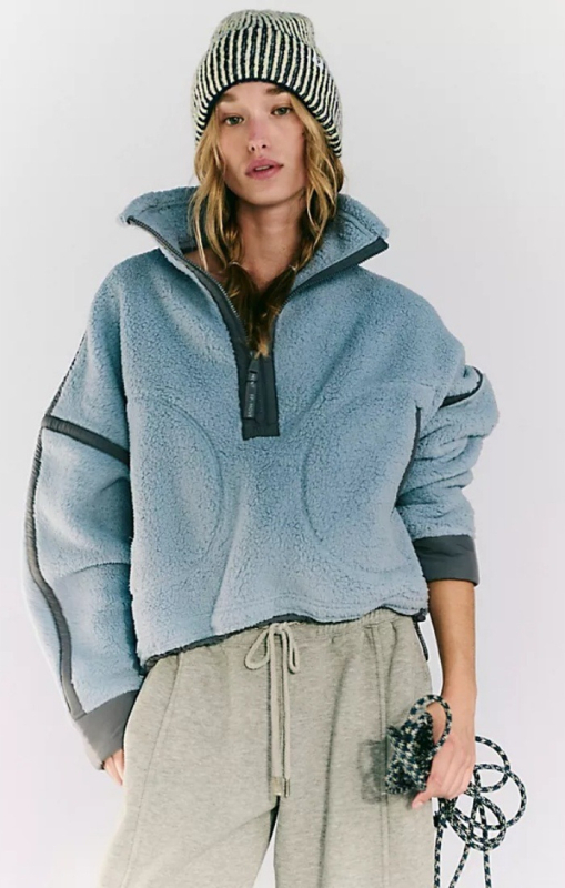 Ženski fleece pulover s kontrastnim blokovima boja, stojeći ovratnik, djelomični zip, dugi rukavi, slobodan kroj (jesen-zima)