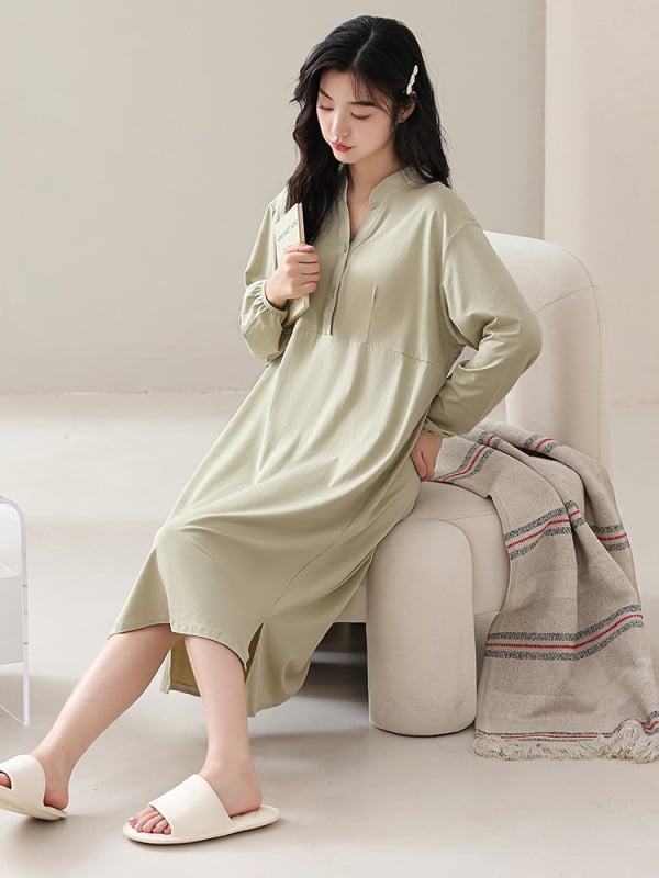 Ženska trudnica pamučna noćna haljina s jastučićem za grudi, dugi rukavi, srednja duljina, proljeće–jesen, prozračna i pogodna i za nošenje vani (90–95% pamuk, 181–200 g/m², dugi rukavi, srednja duljina)