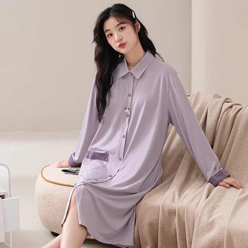 Ženska trudnica pamučna noćna haljina s jastučićem za grudi, dugi rukavi, srednja duljina, proljeće–jesen, prozračna i pogodna i za nošenje vani (90–95% pamuk, 181–200 g/m², dugi rukavi, srednja duljina)