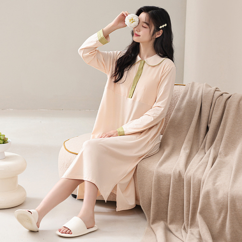 Ženska trudnica pamučna noćna haljina s jastučićem za grudi, dugi rukavi, srednja duljina, proljeće–jesen, prozračna i pogodna i za nošenje vani (90–95% pamuk, 181–200 g/m², dugi rukavi, srednja duljina)