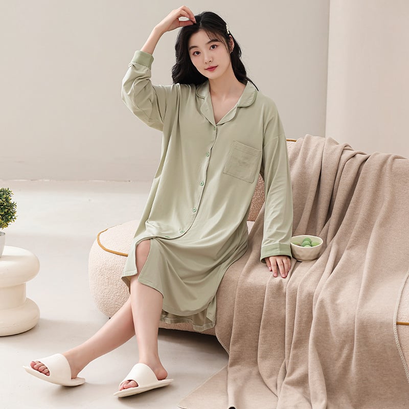 Ženska trudnica pamučna noćna haljina s jastučićem za grudi, dugi rukavi, srednja duljina, proljeće–jesen, prozračna i pogodna i za nošenje vani (90–95% pamuk, 181–200 g/m², dugi rukavi, srednja duljina)