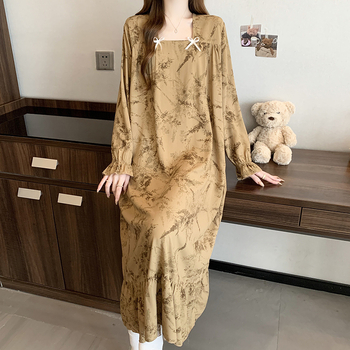 Noćna haljina s dugim rukavima od pamuk-svilk, izuzetno tanak viskozni materijal, U izrez, opuštena ravna silueta, kućna odjeća za spavanje