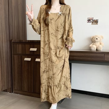 Noćna haljina s dugim rukavima od pamuk-svilk, izuzetno tanak viskozni materijal, U izrez, opuštena ravna silueta, kućna odjeća za spavanje