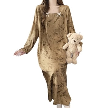 Noćna haljina s dugim rukavima od pamuk-svilk, izuzetno tanak viskozni materijal, U izrez, opuštena ravna silueta, kućna odjeća za spavanje