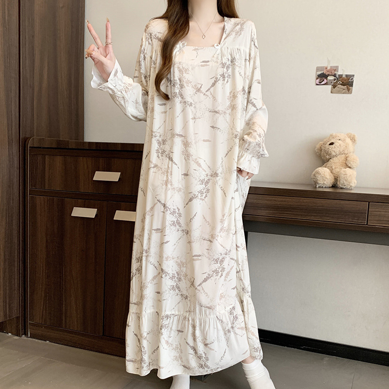 Noćna haljina s dugim rukavima od pamuk-svilk, izuzetno tanak viskozni materijal, U izrez, opuštena ravna silueta, kućna odjeća za spavanje