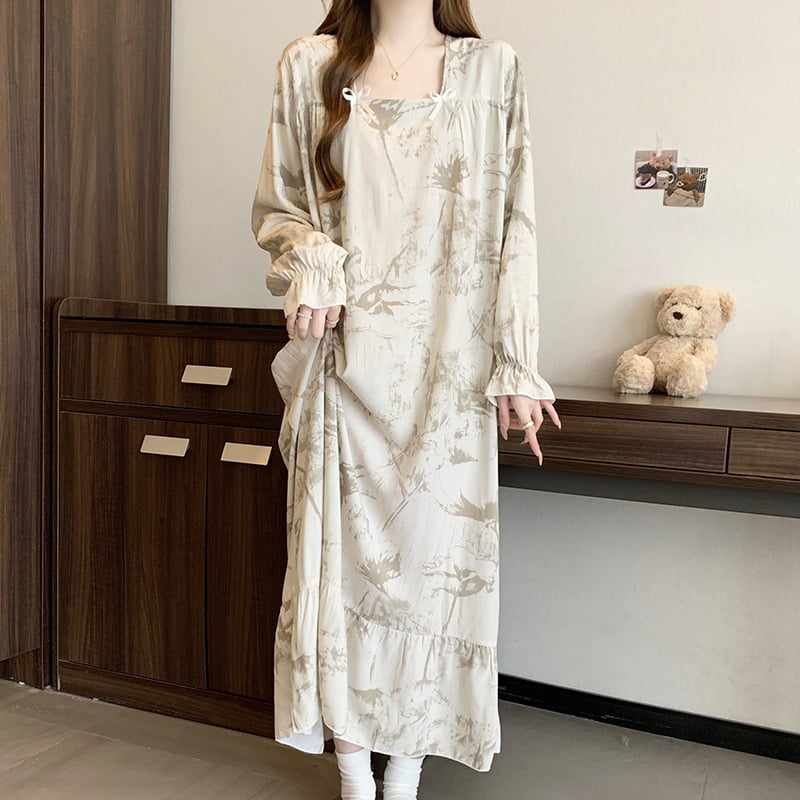 Noćna haljina s dugim rukavima od pamuk-svilk, izuzetno tanak viskozni materijal, U izrez, opuštena ravna silueta, kućna odjeća za spavanje