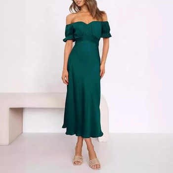 Večernja haljina s otvorenim ramenima, saten, visok struk, srednja duljina, mali rep