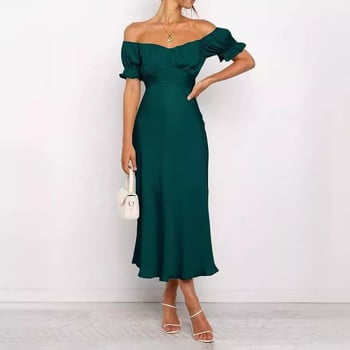 Večernja haljina s otvorenim ramenima, saten, visok struk, srednja duljina, mali rep