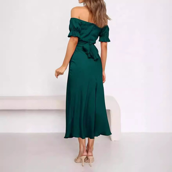 Večernja haljina s otvorenim ramenima, saten, visok struk, srednja duljina, mali rep