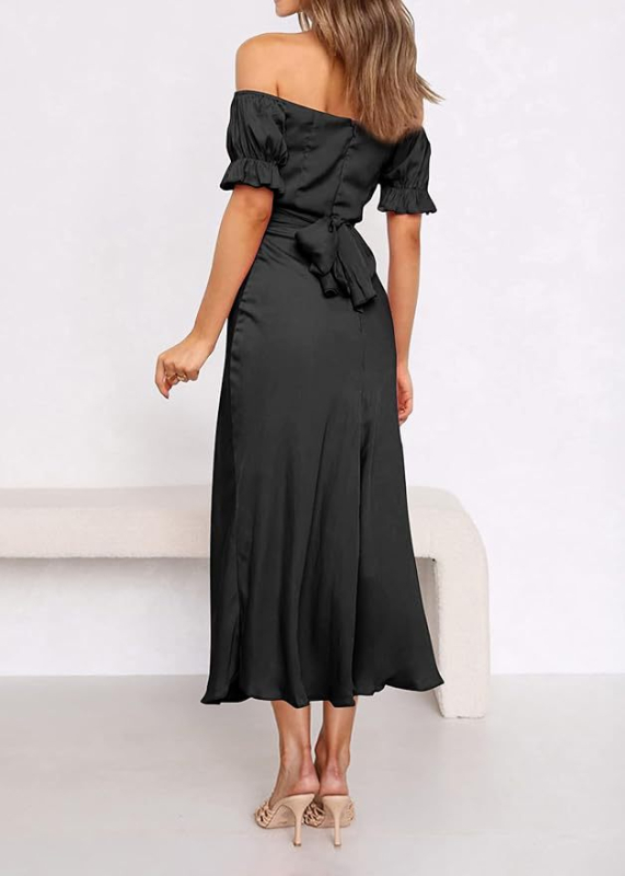 Večernja haljina s otvorenim ramenima, saten, visok struk, srednja duljina, mali rep