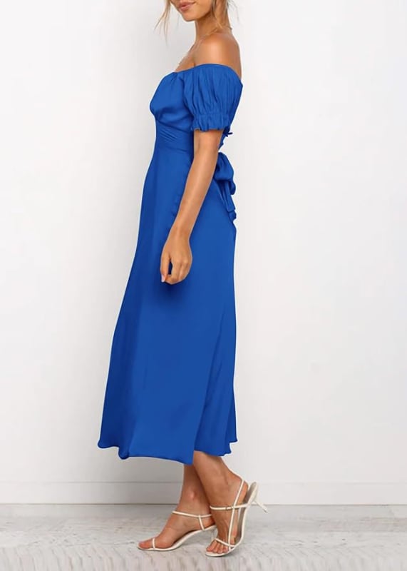 Večernja haljina s otvorenim ramenima, saten, visok struk, srednja duljina, mali rep