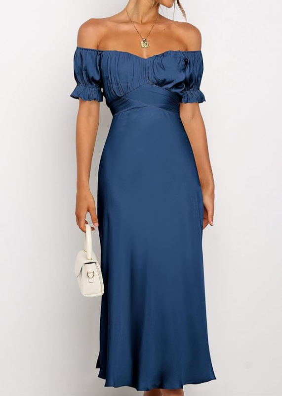 Večernja haljina s otvorenim ramenima, saten, visok struk, srednja duljina, mali rep