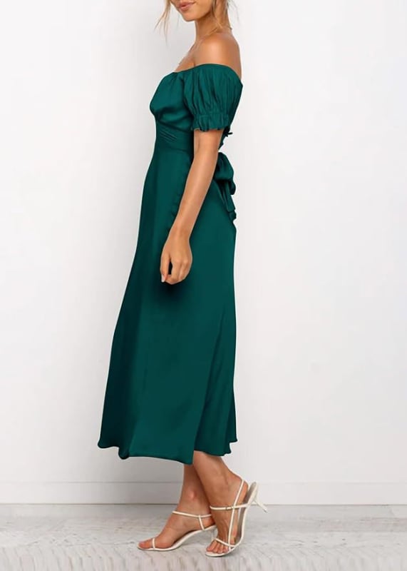 Večernja haljina s otvorenim ramenima, saten, visok struk, srednja duljina, mali rep