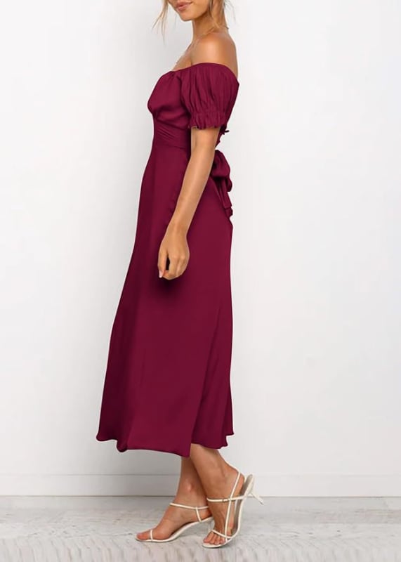 Večernja haljina s otvorenim ramenima, saten, visok struk, srednja duljina, mali rep