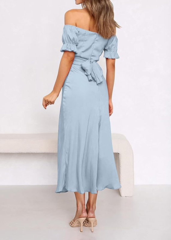 Večernja haljina s otvorenim ramenima, saten, visok struk, srednja duljina, mali rep