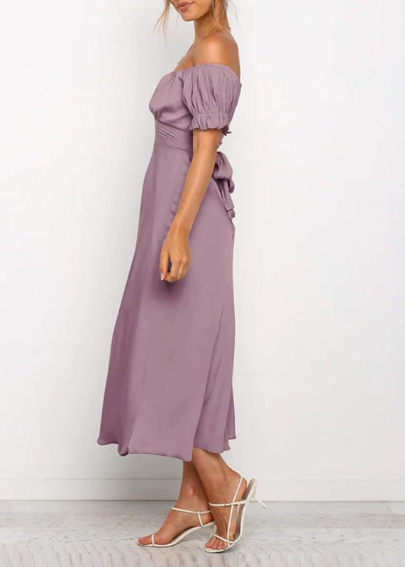 Večernja haljina s otvorenim ramenima, saten, visok struk, srednja duljina, mali rep