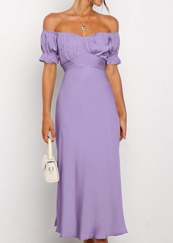 Večernja haljina s otvorenim ramenima, saten, visok struk, srednja duljina, mali rep