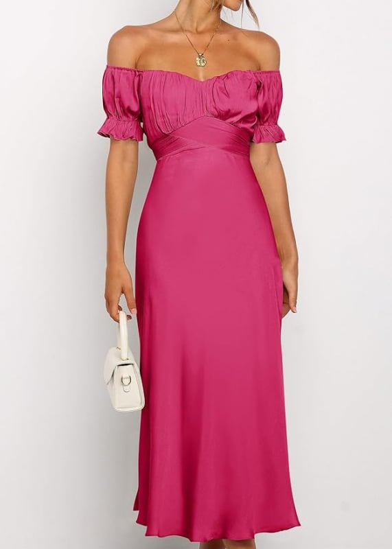 Večernja haljina s otvorenim ramenima, saten, visok struk, srednja duljina, mali rep