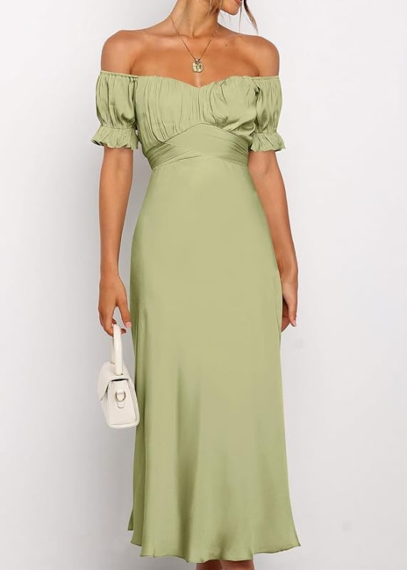 Večernja haljina s otvorenim ramenima, saten, visok struk, srednja duljina, mali rep