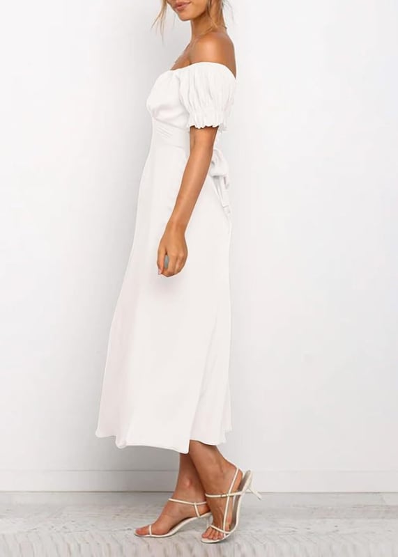 Večernja haljina s otvorenim ramenima, saten, visok struk, srednja duljina, mali rep