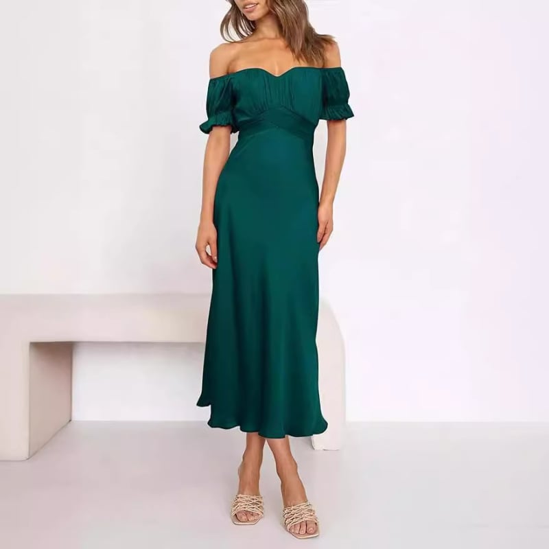 Večernja haljina s otvorenim ramenima, saten, visok struk, srednja duljina, mali rep